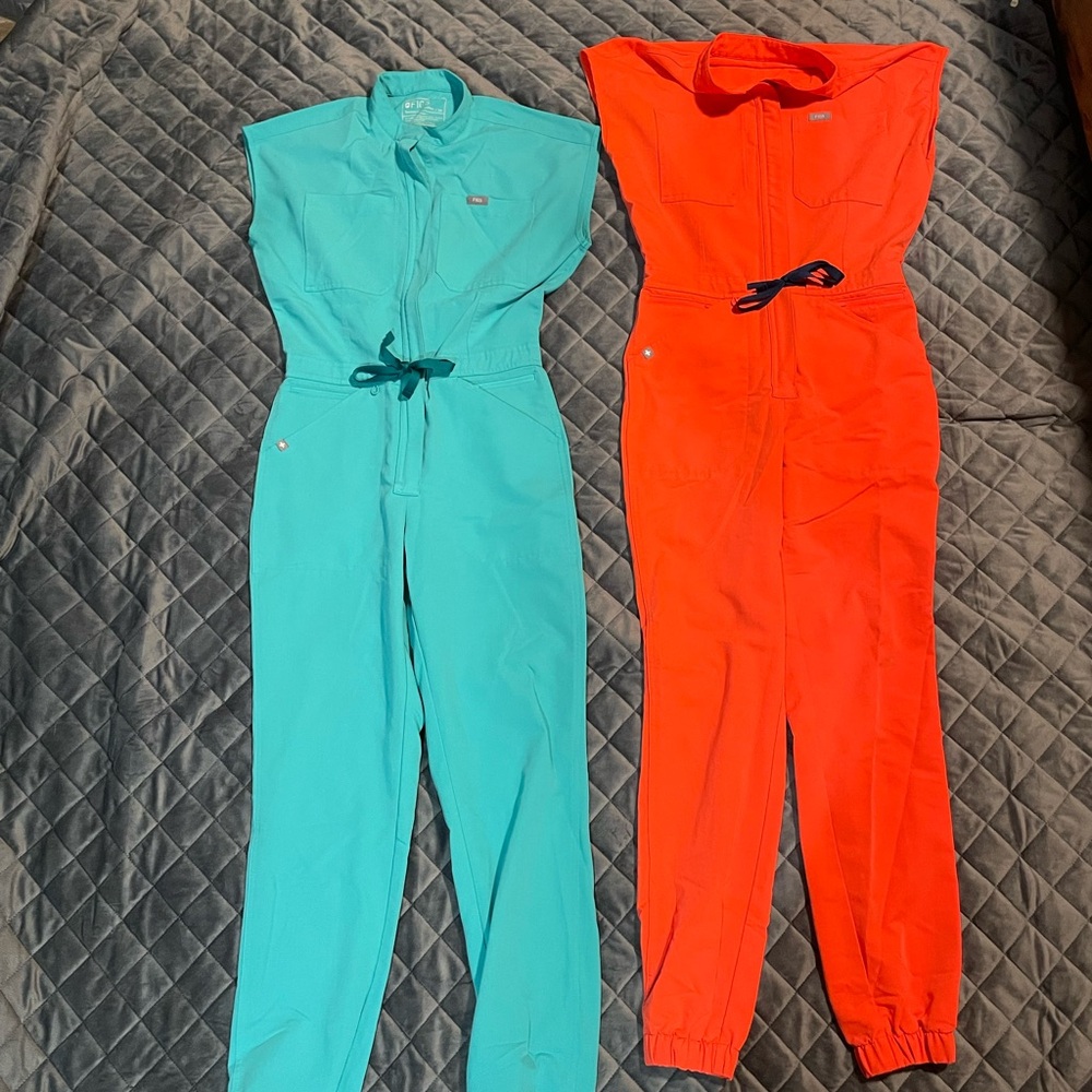 Teal and Bright Pink/orange tint Figs Scrub Jumpsuits with Drawstring Waist